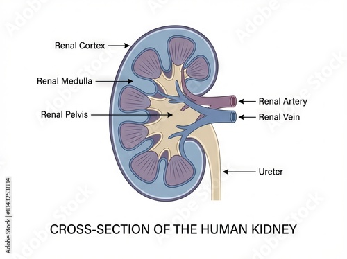 Detailed human kidney cross-section diagram, an essential anatomical medical illustration for biology and educational purposes, showing renal structures in vibrant colors.