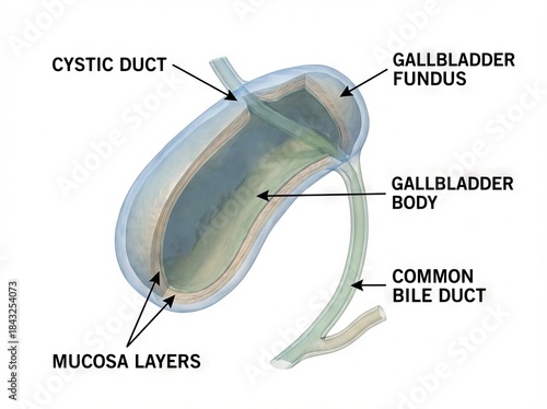This detailed medical illustration depicts human gallbladder anatomy, clearly showing the bile ducts system and digestive organ's structure for medical education.