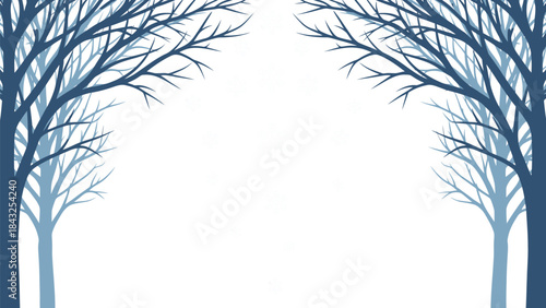 Bare Silhouette Canopy: An elegant silhouette of bare winter trees forms an archway, framing a serene open space, perfect for showcasing content. 