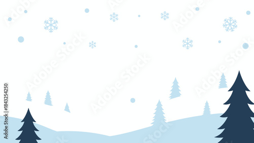 Winter Wonderland: A serene landscape, with stylized evergreen trees. Fluffy snowflakes gently falling, evoking the peaceful essence of winter.