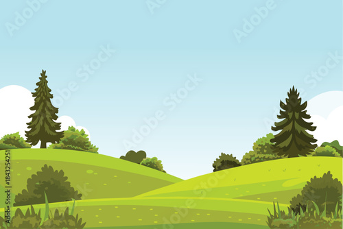 A peaceful landscape with rolling green hills trees and a bright blue