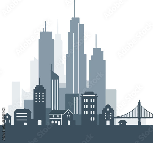 Urban Silhouette: A captivating silhouette of a city skyline, featuring a bridge, tall buildings, and various architectural styles, evokes a sense of modern urban life.