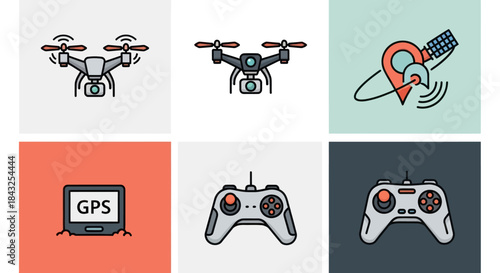 Modern Drone and GPS Technology Icons Set with Remote Controls.
