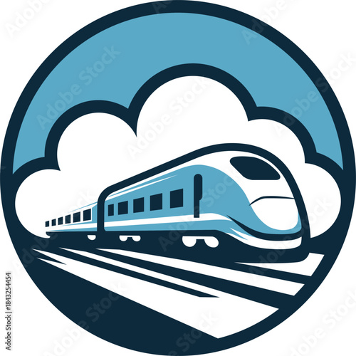 illustration of a train traveling above blue clouds