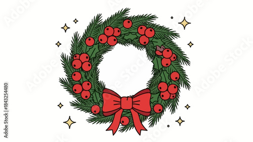 Festive Wreath: A vibrant holiday wreath, adorned with a lush arrangement of evergreen foliage, cheerful red berries, and a festive bow, symbolizing the joy and anticipation of the season.
