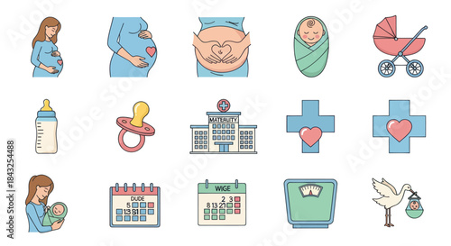 Pregnancy and Newborn Baby Icons Set with Hospital Calendar and Stork.