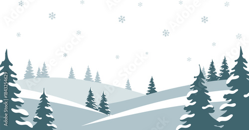 Winter Wonderland: A serene winter scene unfolds with gentle rolling hills, adorned with snow-covered pine trees, and a delicate snowfall. Capturing the tranquility and beauty of the season.