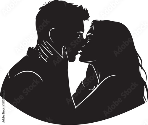 Silhouette of a couple sharing a tender kiss against a white background