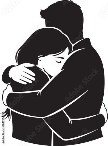 Silhouette of a man embracing a woman with eyes closed in comfort