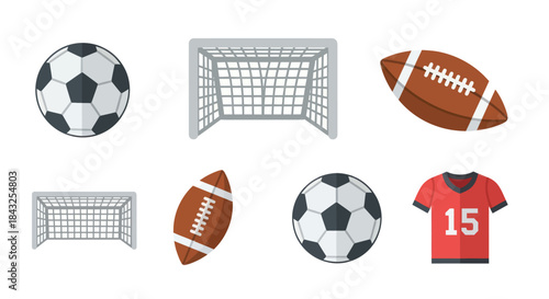 Collection of Sports Equipment: Soccer Balls Footballs and Goals.