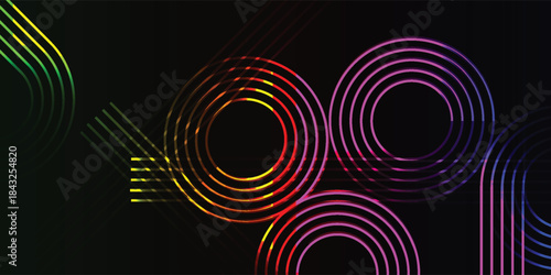 Abstract background with glowing concentric circles and curved lines in a vibrant rainbow gradient on a dark backdrop, creating a retro-futuristic design.