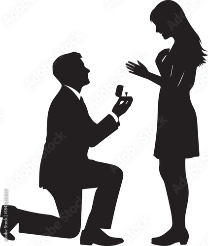 Silhouette of a man proposing marriage to a woman with a ring