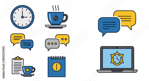 A colorful set of modern flat line business icons for work time management and communication.