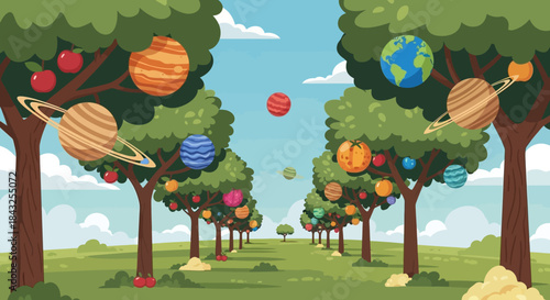 Planets Hanging from Trees in a Whimsical Orchard.