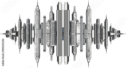 A futuristic cityscape rendered in shades of gray, showcasing sleek skyscrapers and modern architecture with a christmas lights display, against a clean white background.