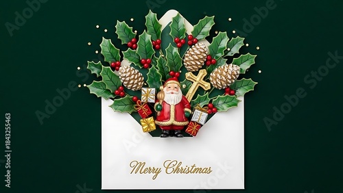 Christmas Envelope with Santa Claus Holly and Pine Cones berries