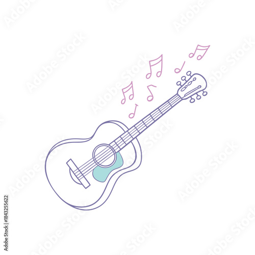 Acoustic Guitar Doodle Line Art. Hand-Drawn Musical Instrument Vector Illustration with Music Note