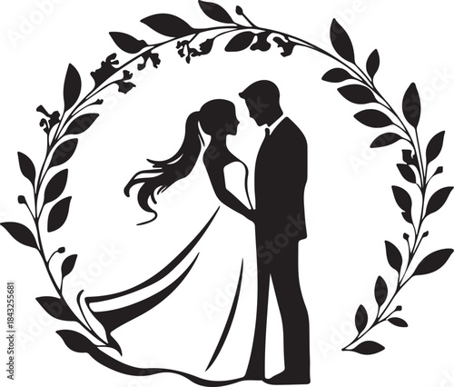 Silhouette vector illustration of a bride and groom wedding couple, featuring their fashionable dress and loving kiss