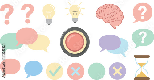 Brainstorming and problem solving icons with question marks and lightbulbs
