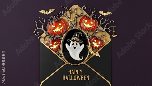 Halloween Envelope with Ghost, Pumpkins, Bats and Trees jack-o-lantern