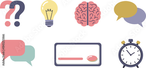 Collection of icons representing ideas questions communication learning and time