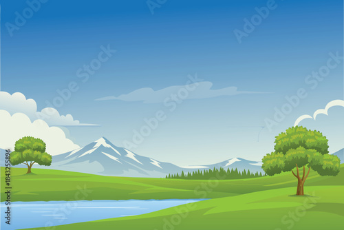 A serene landscape featuring lush green hills distant mountains and a clear