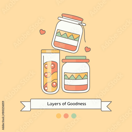 Kawaii Layered Salad in a Jar Vector Illustration. Cute Meal Prep Jars with  Layers of Goodness  Slogan for Healthy Eating.
