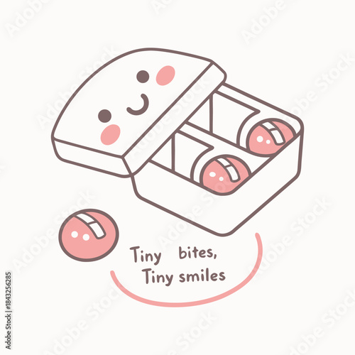 Kawaii Pill Box Character Vector Illustration. Cute Doodle with  Tiny bites, Tiny smiles  Slogan for Self Care and Wellness
