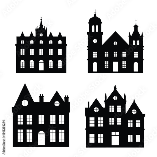 Old Buildings Vector, Silhouette, Illustration