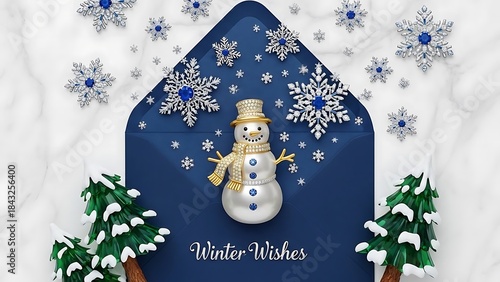 Snowman with Snowflake Decorations and Winter Wishes Message holiday Christmas