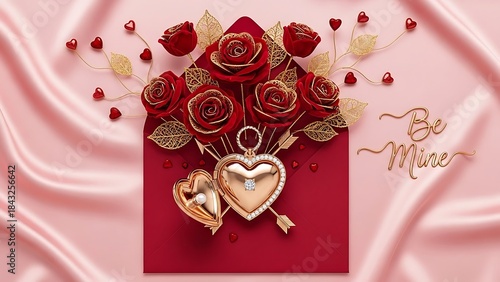 Valentine's Day Envelope with Red Roses and Heart Locket on Pink Silk love romance