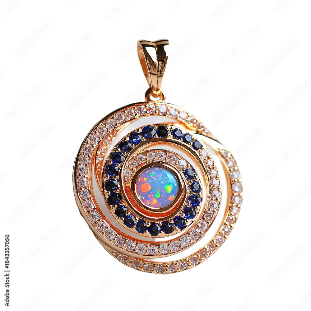 Obraz premium Front view close-up of only a spiral galaxy pendant with opal and sapphire floating in the air. Detailed, studio shot, isolated on a white transparent background