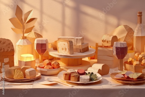 Una mesa rebosante de delicias comestibles hechas de papel, creando una escena de festín surrealista y encantadora.