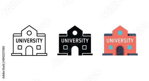 University building icons in various styles and colors