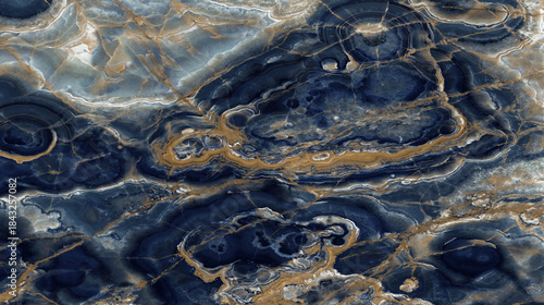 Blue and gold marble texture with fluid mineral patterns