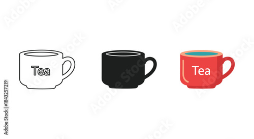 Three tea cups with different colors and designs