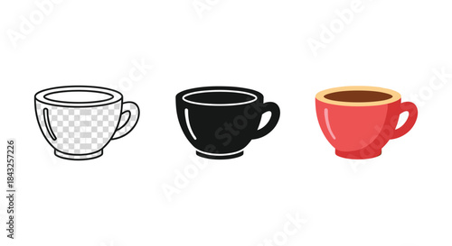 Three coffee cups in different colors and designs