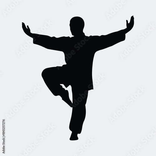 Silhouette adult man practicing traditional tai chi martial arts pose vector illustration