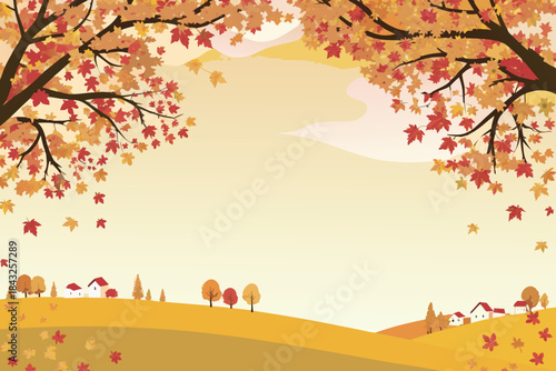 Autumnal landscape with vibrant red and orange foliage a bird and distant