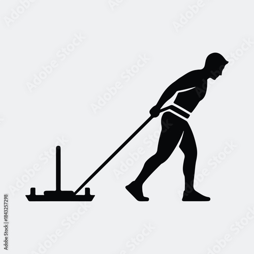 Silhouette Athlete pulling heavy weight sled for strength training vector illustration