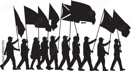 Silhouette of a group of people marching with flags