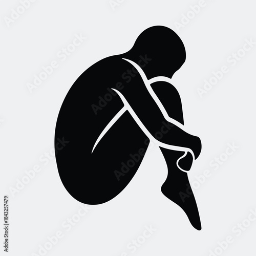 Silhouette sad lonely person curled up embracing knees minimalist vector illustration