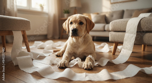 Puppy sitting among torn toilet paper on the floor indoors