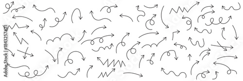 black pen arrow collection on checkered paper sheet. Hand drawn crayon various arrows, curved, wavy and straight lines. Direction pointers for notes, doodle and school design,Line marker brush arrow