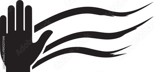 Black silhouette of a hand with flowing lines representing wind or energy