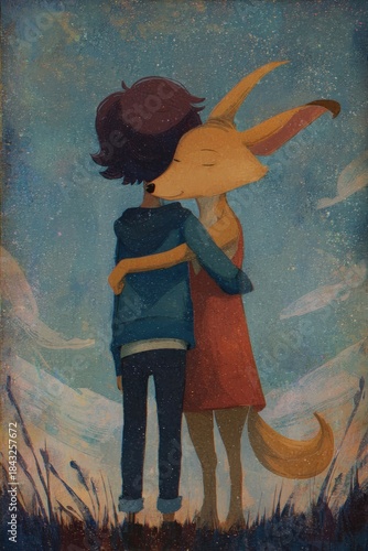 Un niño y un zorro se abrazan bajo un cielo estrellado, transmitiendo calidez y conexión.