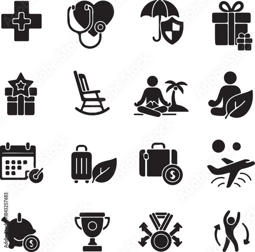Black icon set, healthcare, insurance, wellness, yoga, vacation, savings, planning, trophy, travel, piggy bank, reward, meditation, success