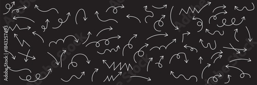 black pen arrow collection on checkered paper sheet. Hand drawn crayon various arrows, curved, wavy and straight lines. Direction pointers for notes, doodle and school design,Line marker brush arrow