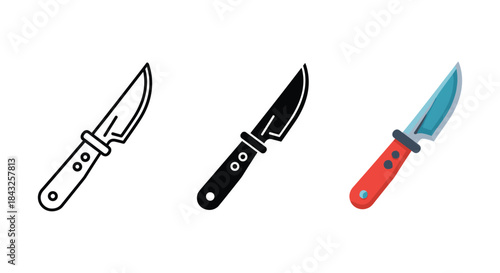 Three knives with different handle colors