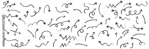 Arrow drawn hand vector line icon set. Hand drawn brush chalk stroke arrow curve, thin pencil scribble shape with vintage charcoal crayon texture. Doodle up down arrow symbol. Vector illustration